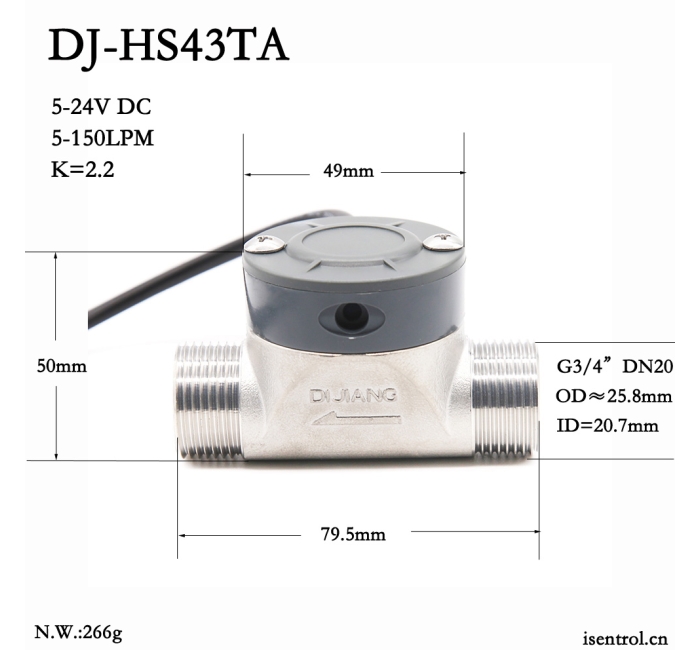 陶瓷轴DJ-HS43TA六分304不锈钢霍尔水流量传感器5-150L/min
