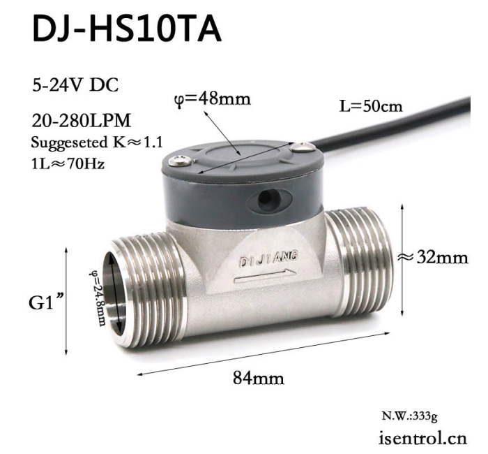 陶瓷轴DJ-HS10TA一寸304不锈钢霍尔水流量传感器20-280L/min