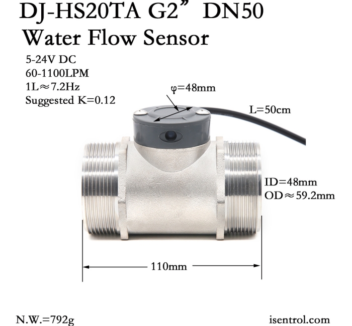 DJ-HS20TA 60-1100L/min 不锈钢2寸螺纹霍尔水流量传感器