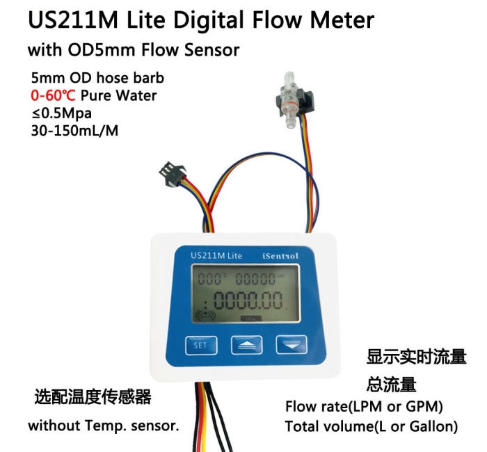 超小流量传感器USN-HS06P配便携式水表US211M Lite可测量0.03-0.15升每分钟